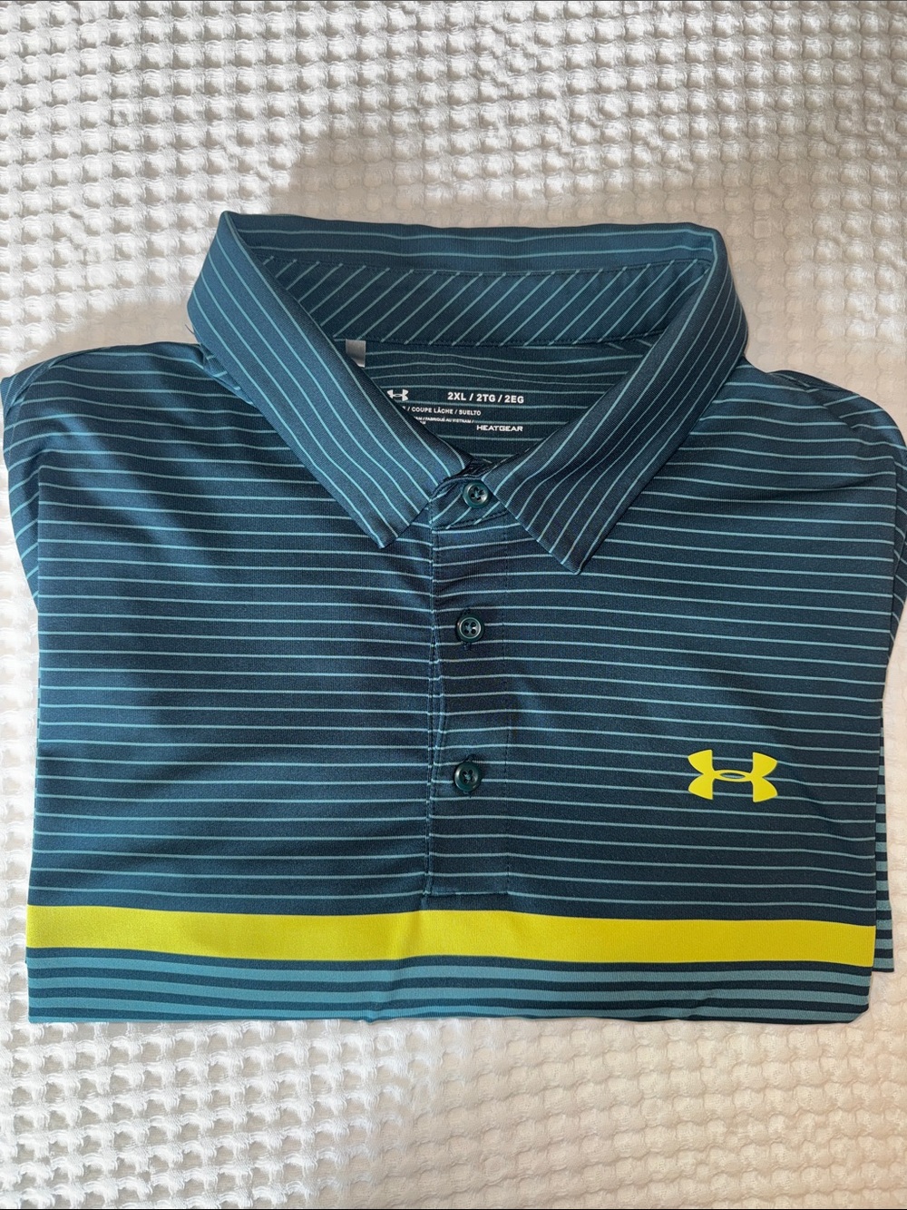 Under Armour Men’s 2XL Teal Striped Polo with Yellow Chest Stripe